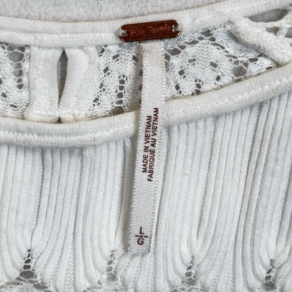 Free People Fire Island Blouse Open Knit Crochet Cinched Ivory Boho Chic Sz L - Picture 5 of 12